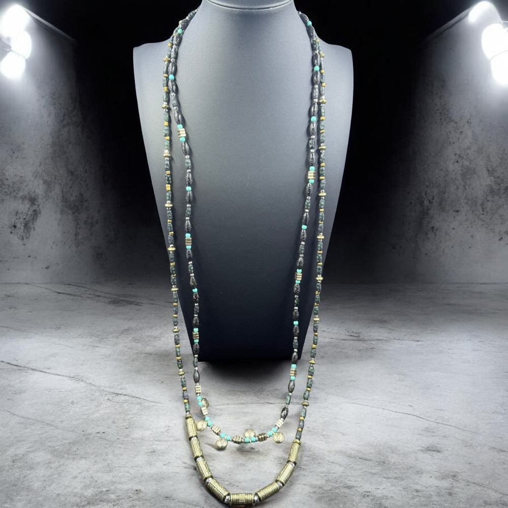 Premier Designs Long Layered Beaded Necklace Boho Festival Statement Cottagecore